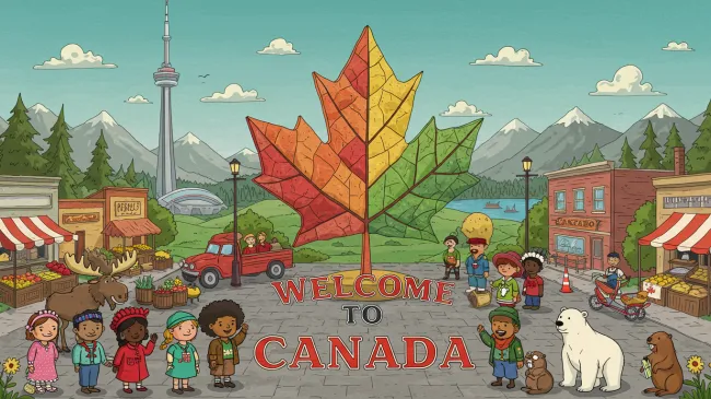 A cartoon of diverse canadians, everyone is happy, CN tower in the back